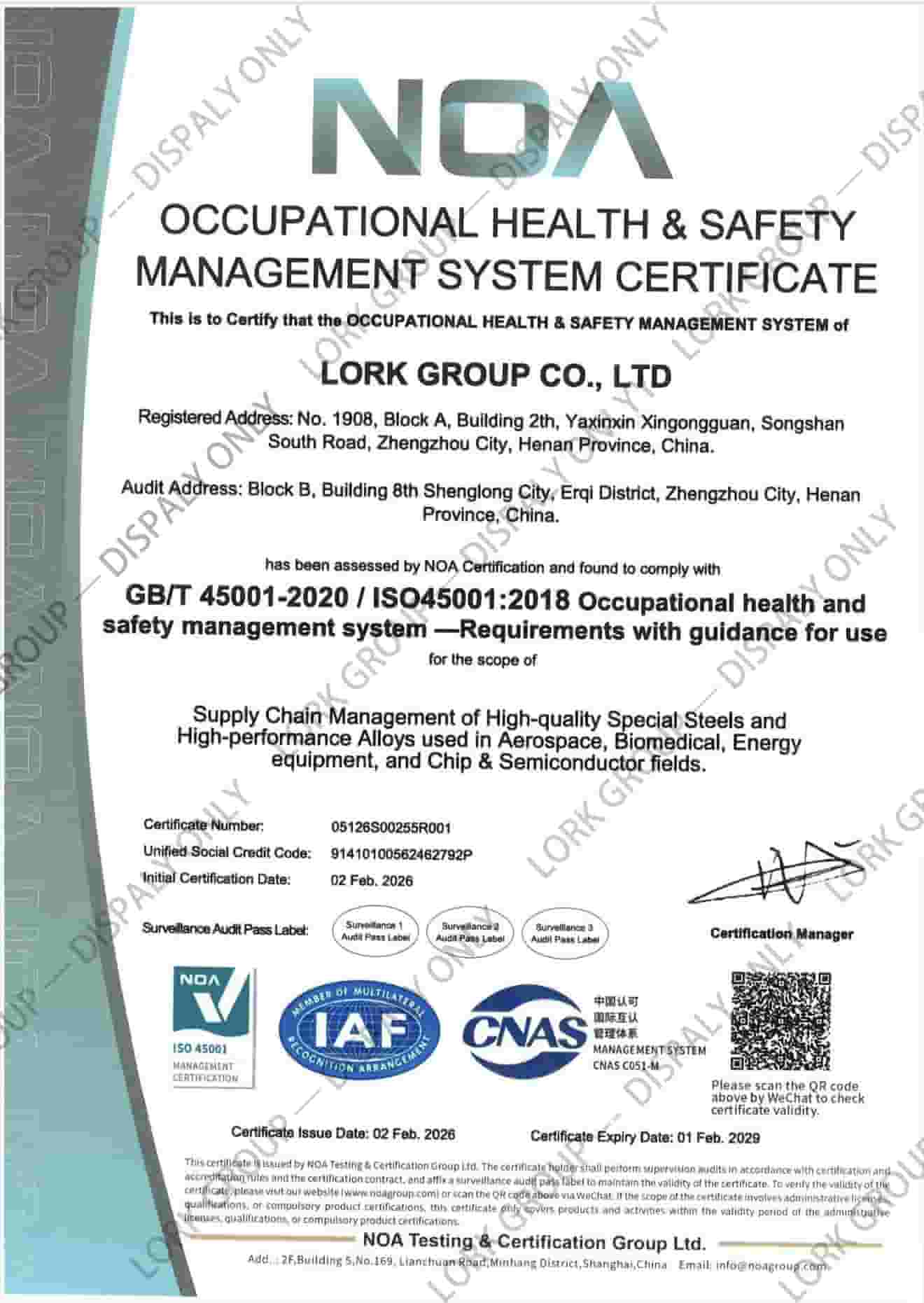 Lork Steel – ISO 45001 Certified